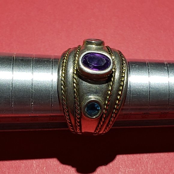 Vintage 925 14K Gold Over Purple Amethyst & Aquamarine Ring - Picture 4 of 6